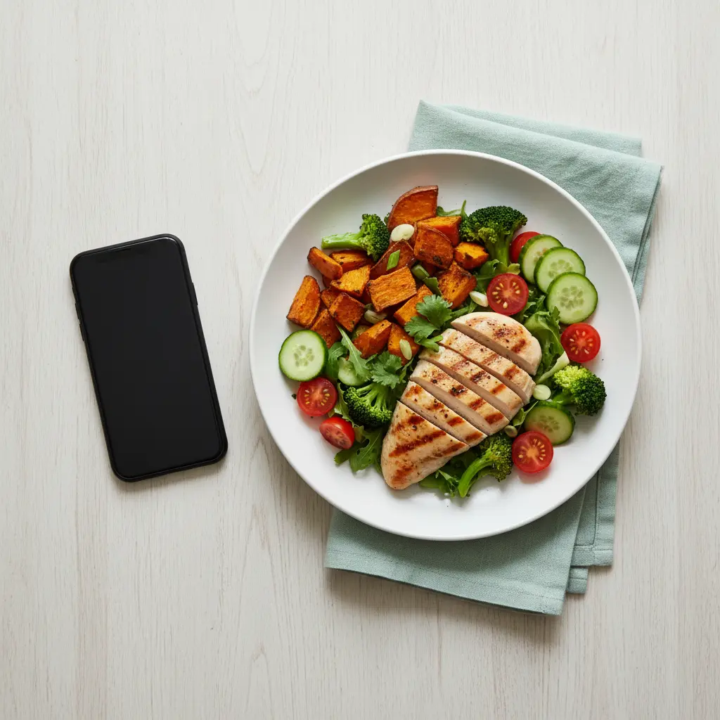 Plato de comida saludable fotografiado con el celular, cómo ContaCal calcula las calorías