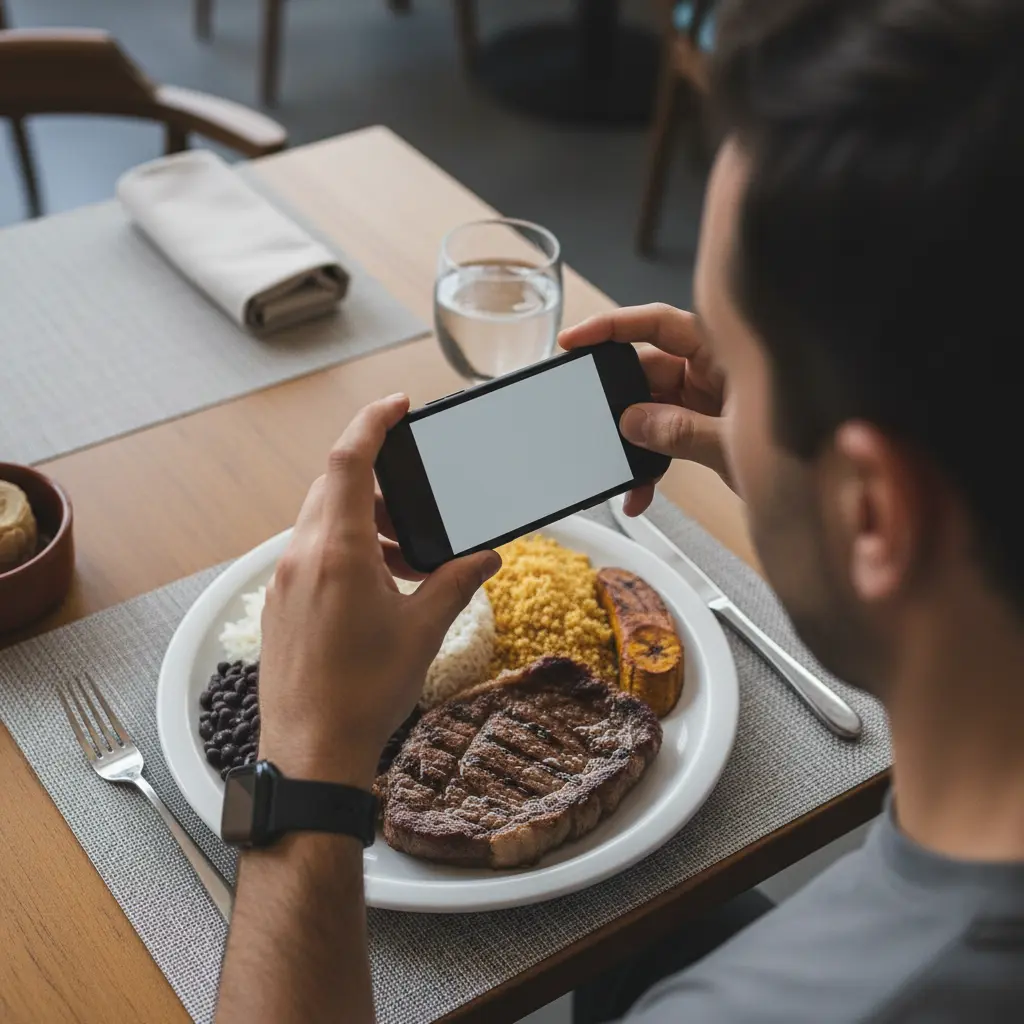 Pessoa fotografando o prato para contar calorias pelo celular