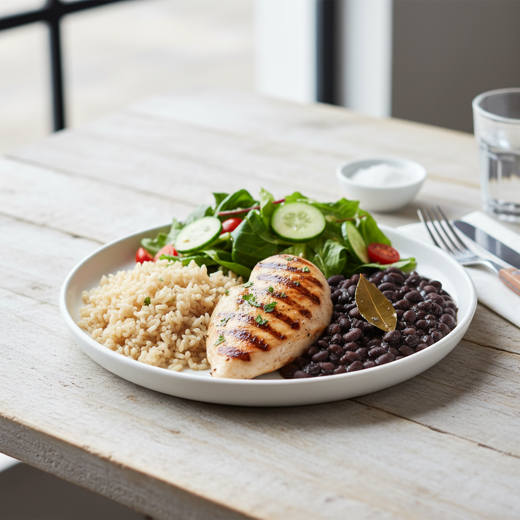 Balanced lunch plate for a 1500 calorie meal plan with grilled chicken, brown rice, beans and salad