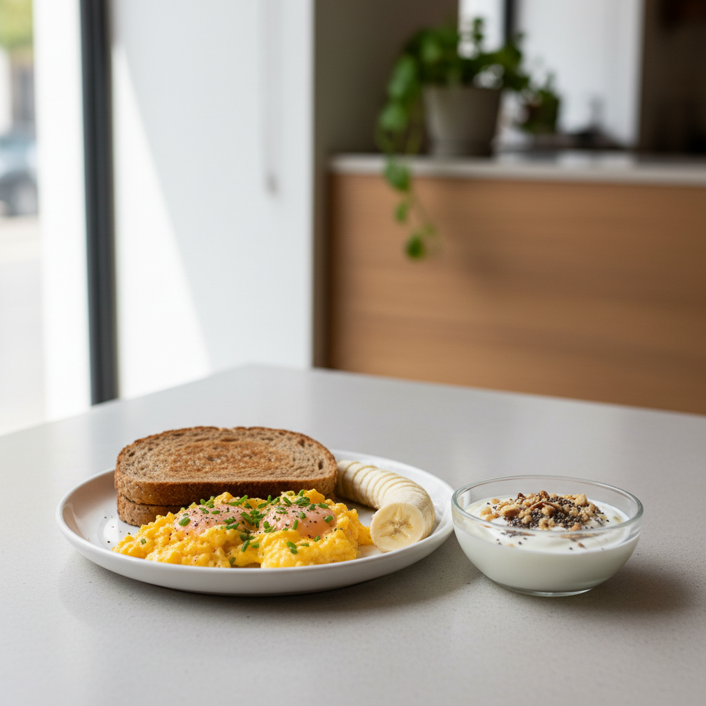 Breakfast on a 1500 calorie meal plan with eggs, whole grain toast, banana and yogurt