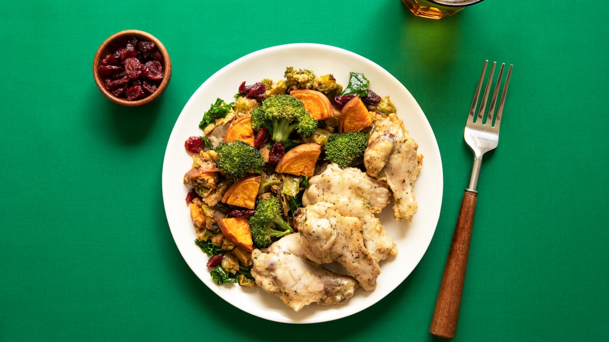 High protein plate with salmon, chicken and vegetables to protect muscle on semaglutide