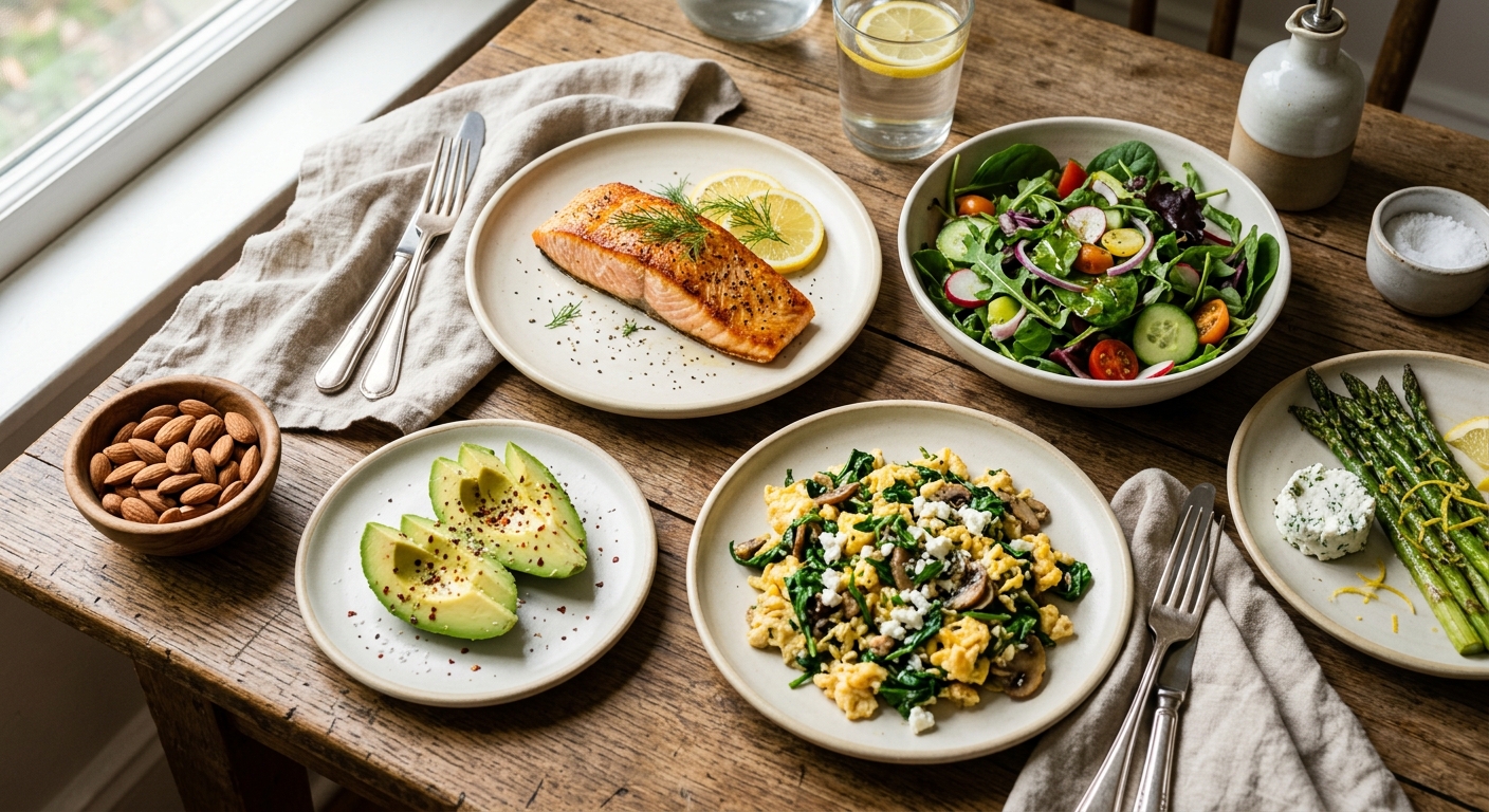 What to eat on a low carb diet: lean protein, vegetables and good fats on a plate