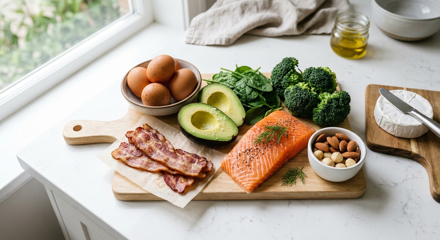 Foods allowed on the keto diet: meats, eggs, avocado, olive oil, nuts, and low-carb vegetables
